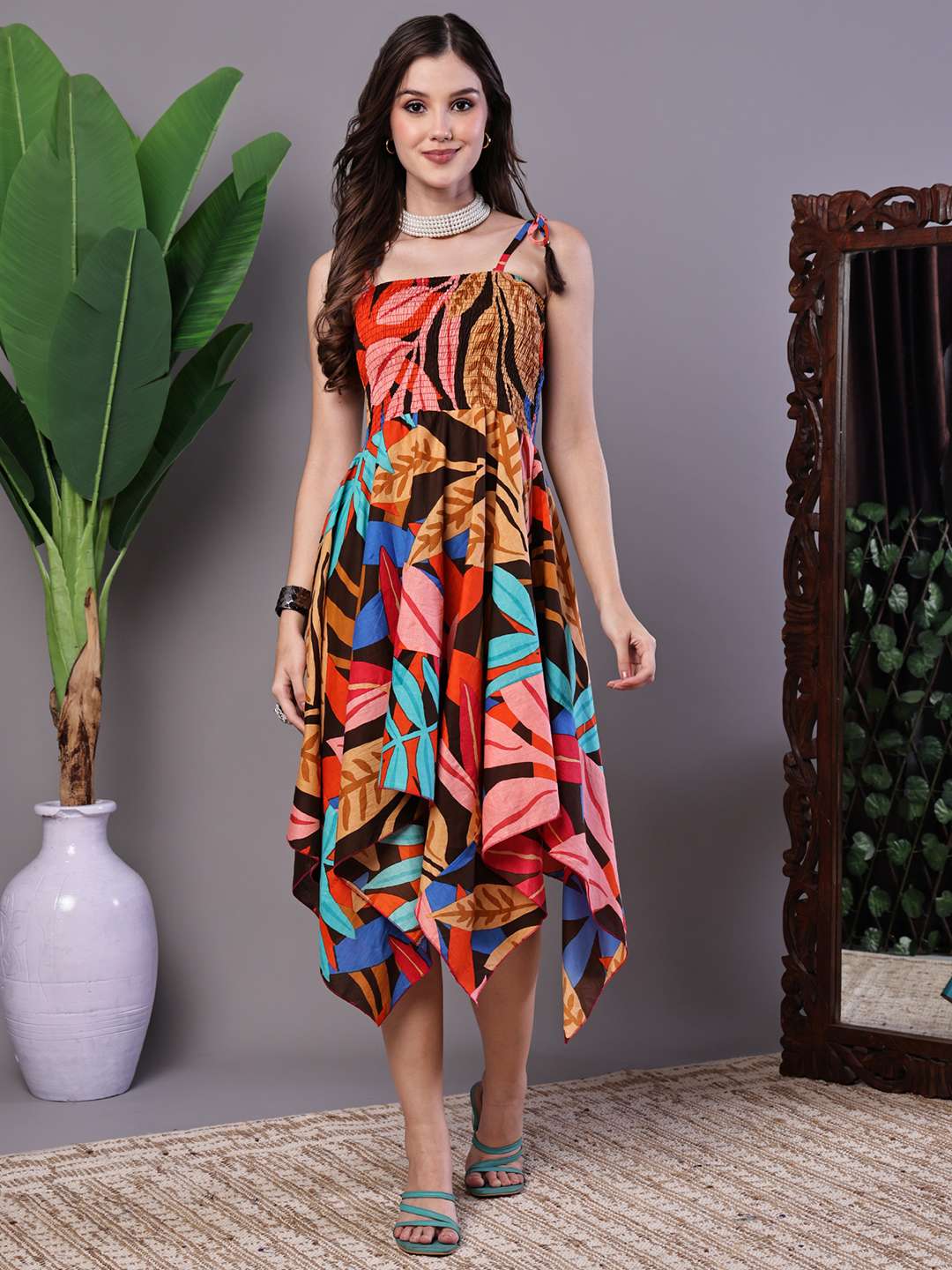 Women's MultiColor Abstract Print Cotton Handkerchief Hem Dress Midi Dresses - XL