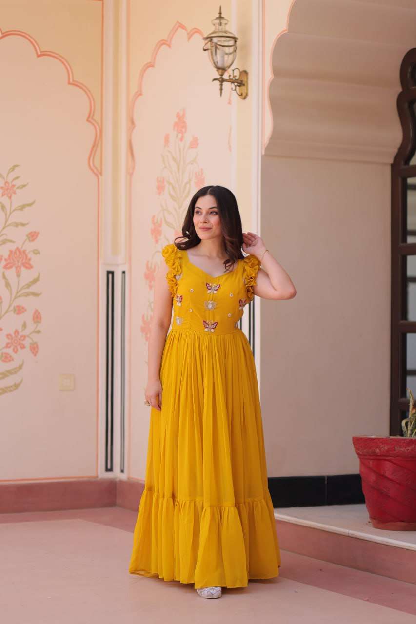 Women's Elegant Plum Purple Georgette Anarkali Gown with Butterfly Applique & Ruffle Sleeves â Festive & Special Occasion Wear - Yellow, XL (42)