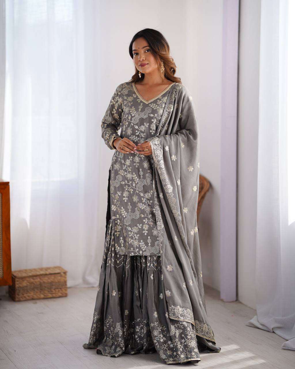 Women's Chinon Silk Embroidery Sequence Work Straight Kurti With Sharara Suit and Dupatta Set - Green, XXL