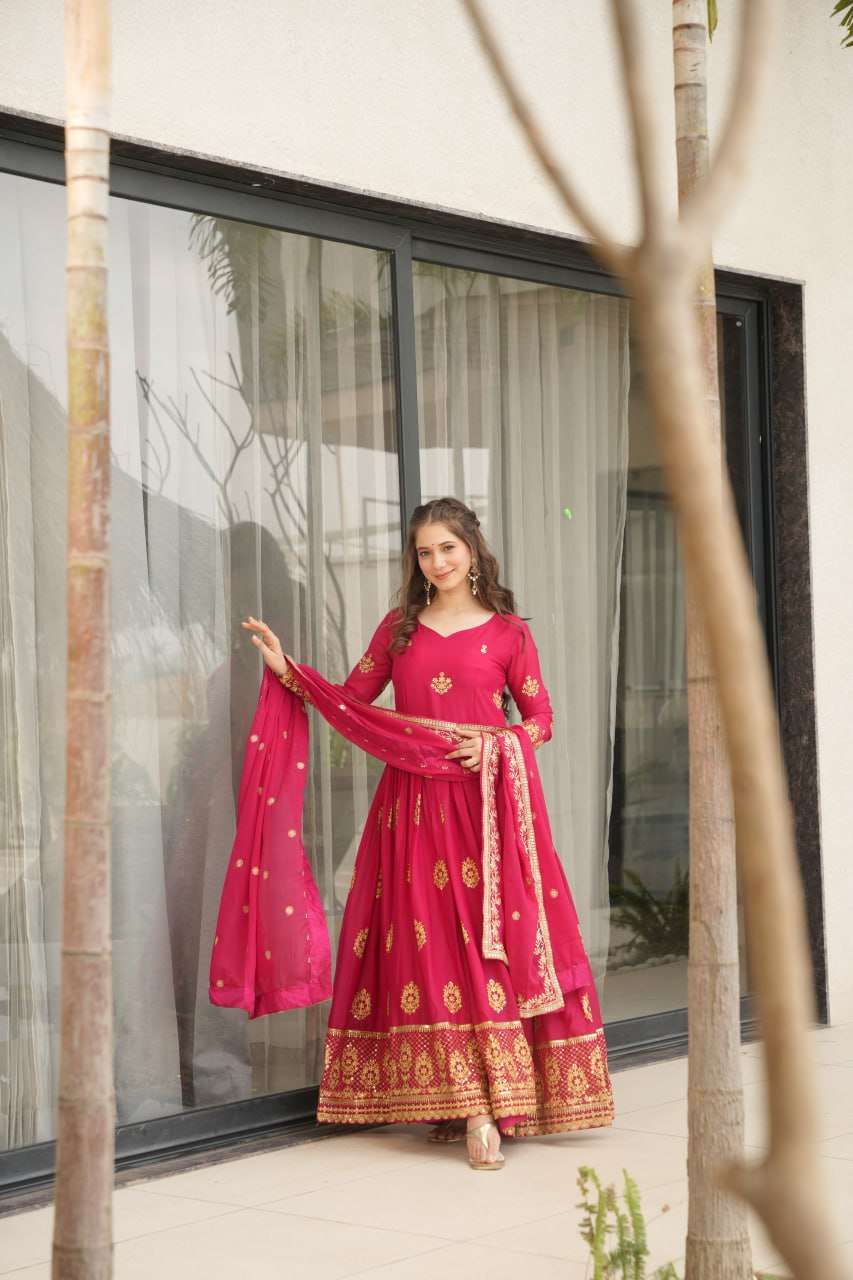 Womenâs Ethnic Anarkali Style Floor-Length Gown in Magenta with Golden Zari Embroidery â Festive & Wedding Wear - Dark Pink, M (38)