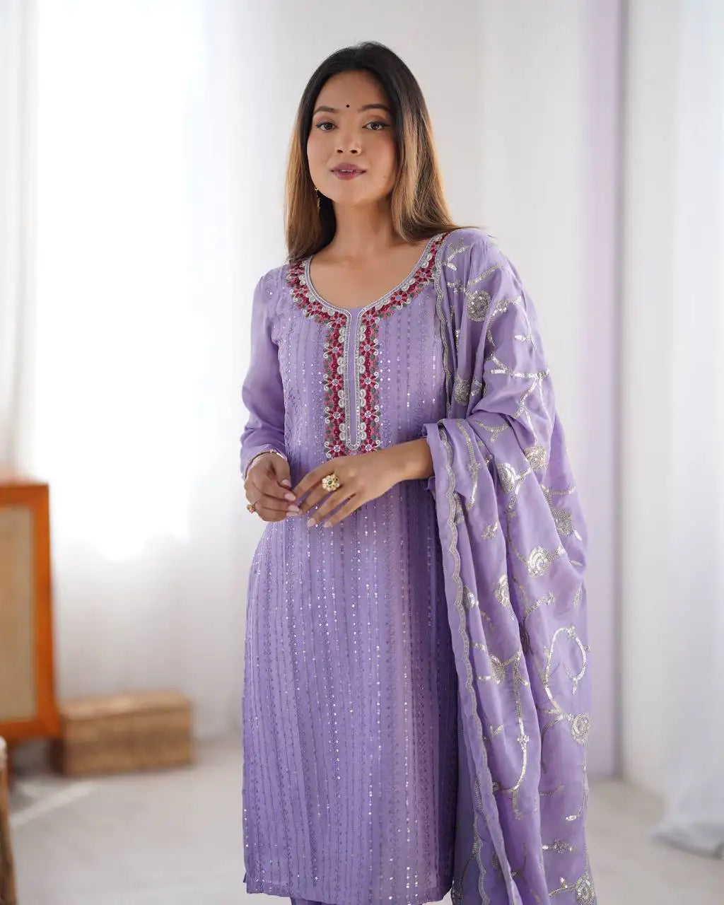 Women's Chinon Silk Sequence And Thread Work Straight Kurti With Pant and Dupatta Set - Purple, XXL