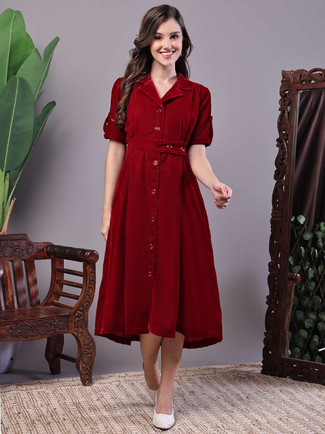 Women's Maroon Velvet Solid Printed Shirt Midi Dress with Belt - L