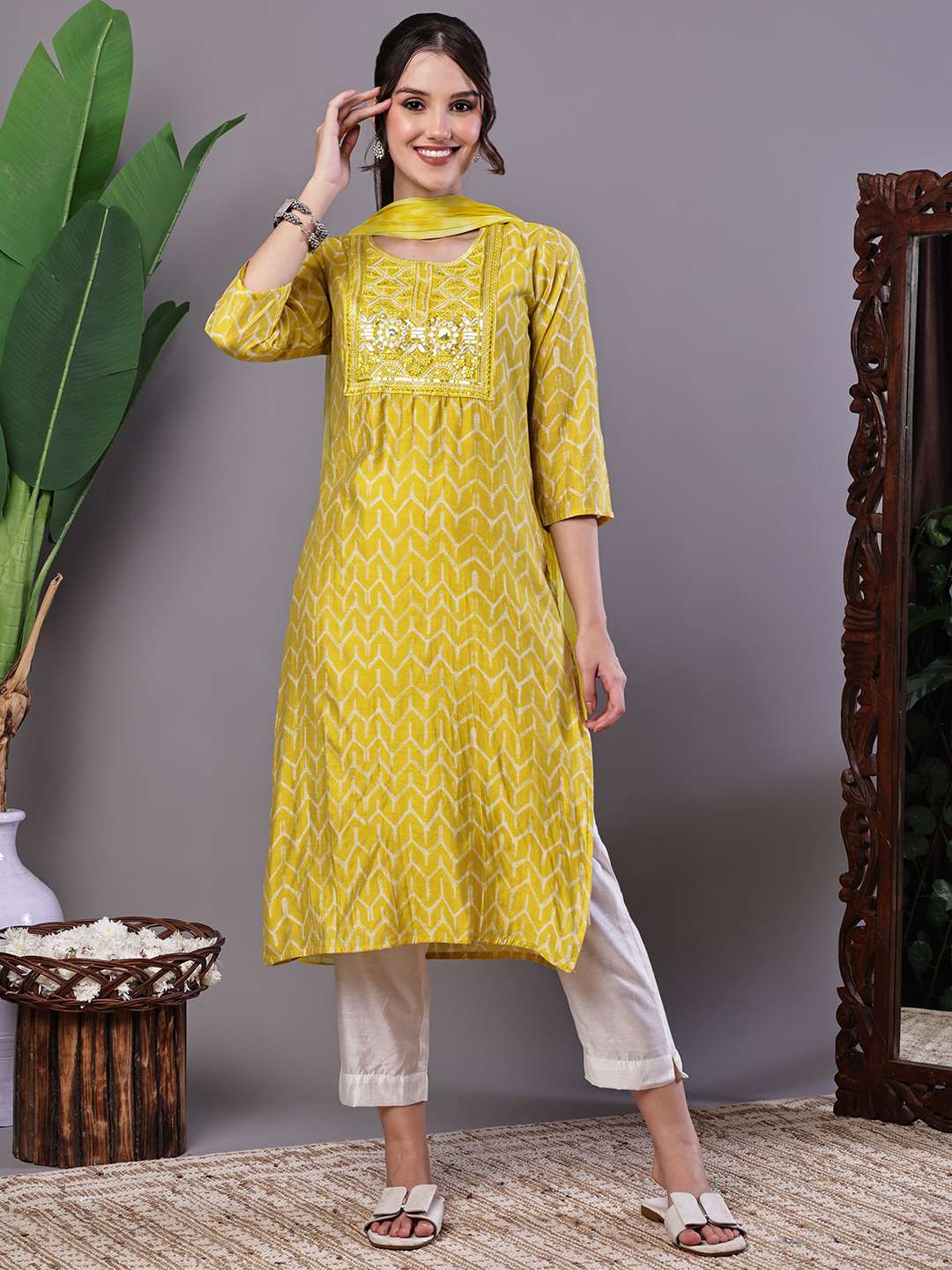 Women's Mustard Yellow Chevron Print Chanderi Kurta Set with Mirror Work Suit Sets - XL