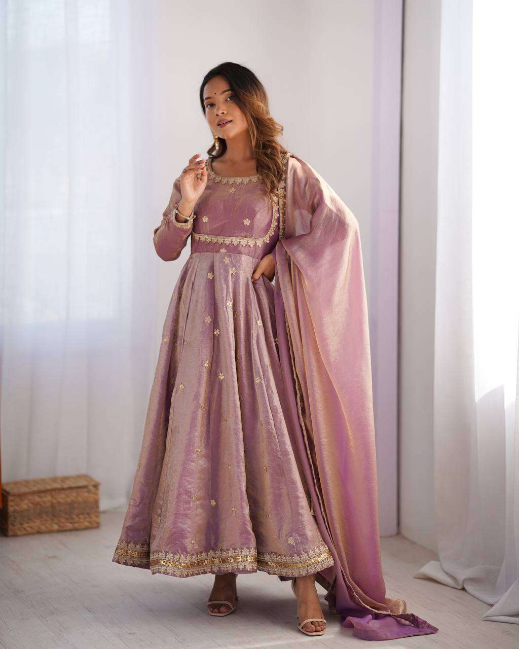 Women's Fandy Silk Coding with Sequnce work Long Anarkali Kurti Gown With Dupatta - Pink, XXL