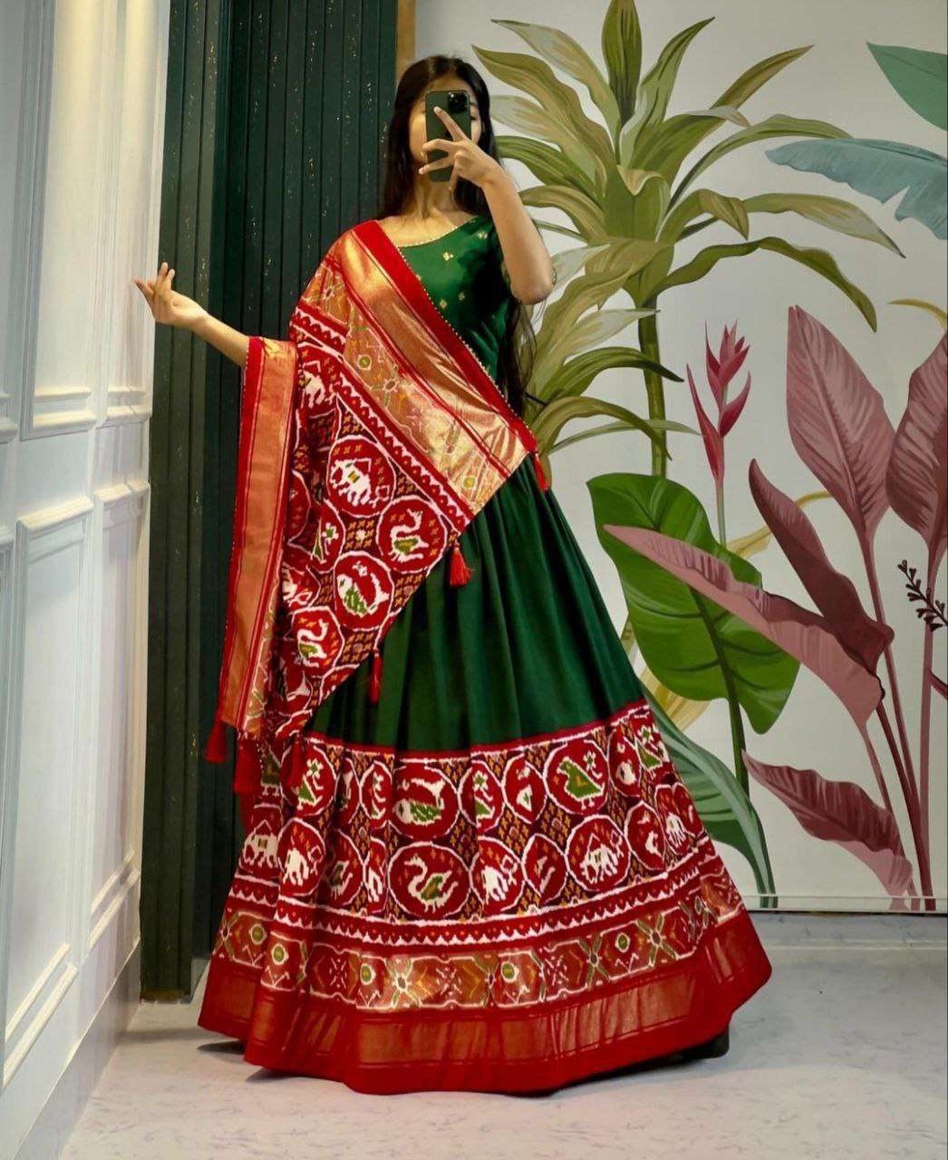 Women's Stitched Tussar Silk Patola Print Lehenga Choli Dupatta Set - Green