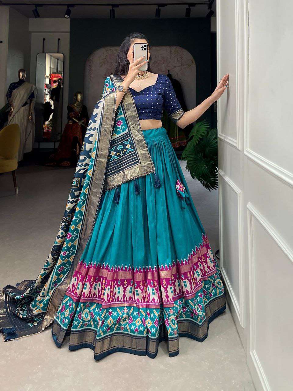 Women's Tussar Silk Patola Print Lehenga Choli Dupatta Set - Teal Blue