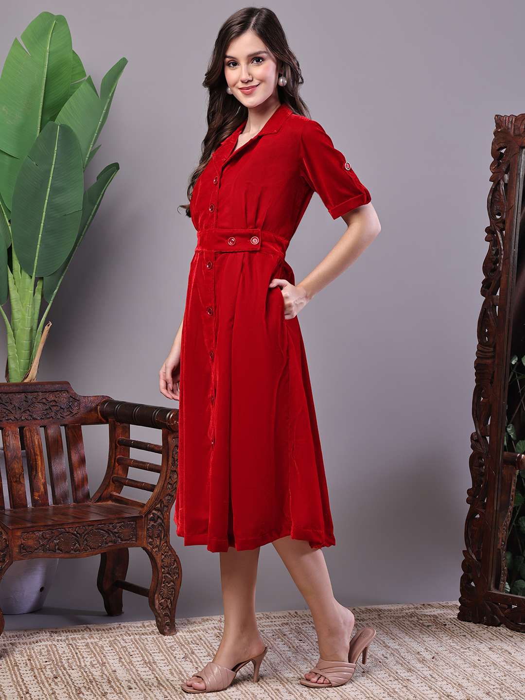 Women's Red Velvet Solid Printed Shirt Midi Dress with Belt - XXL