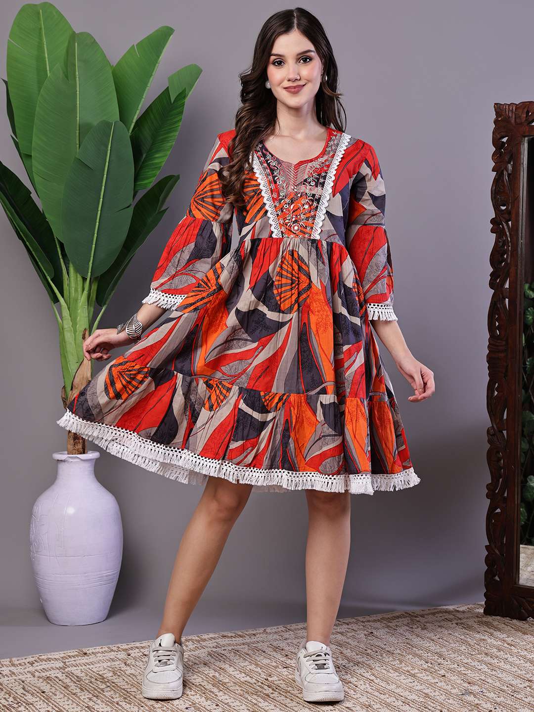 Wome's Multicolor Printed Cotton A-Line Dress with Embroidered Yoke Midi Dresses - M