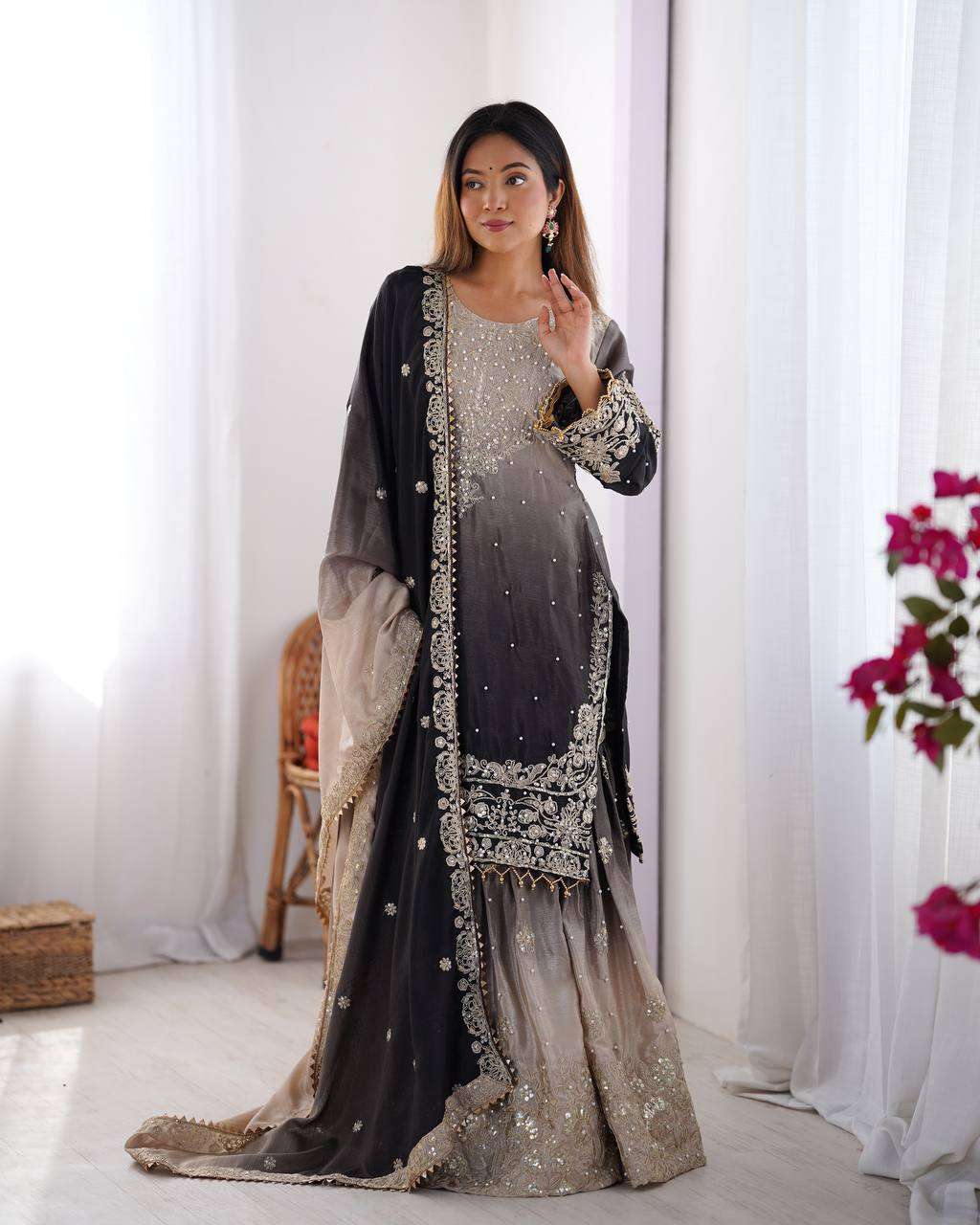 Women's Chinon Silk Sequence With Rivet Moti Work Straight Kurta With Sharara and Dupatta Set - Black Grey, L