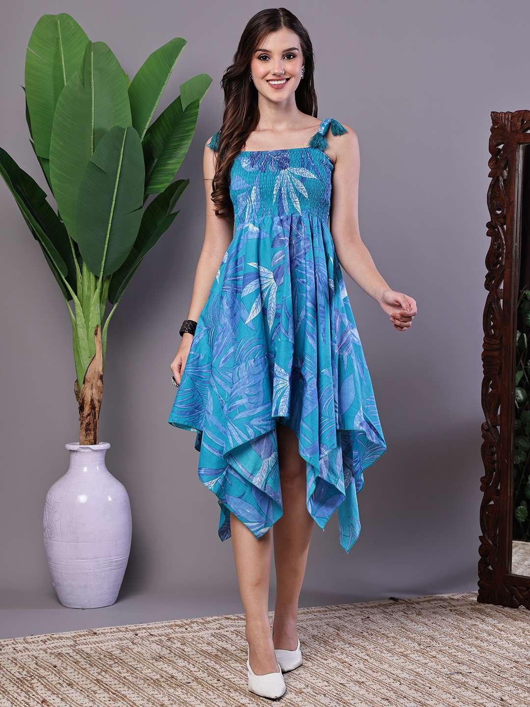 Women's Blue Printed Asymmetrical Hem Smocked A-Line Dress Midi Dresses - XXL
