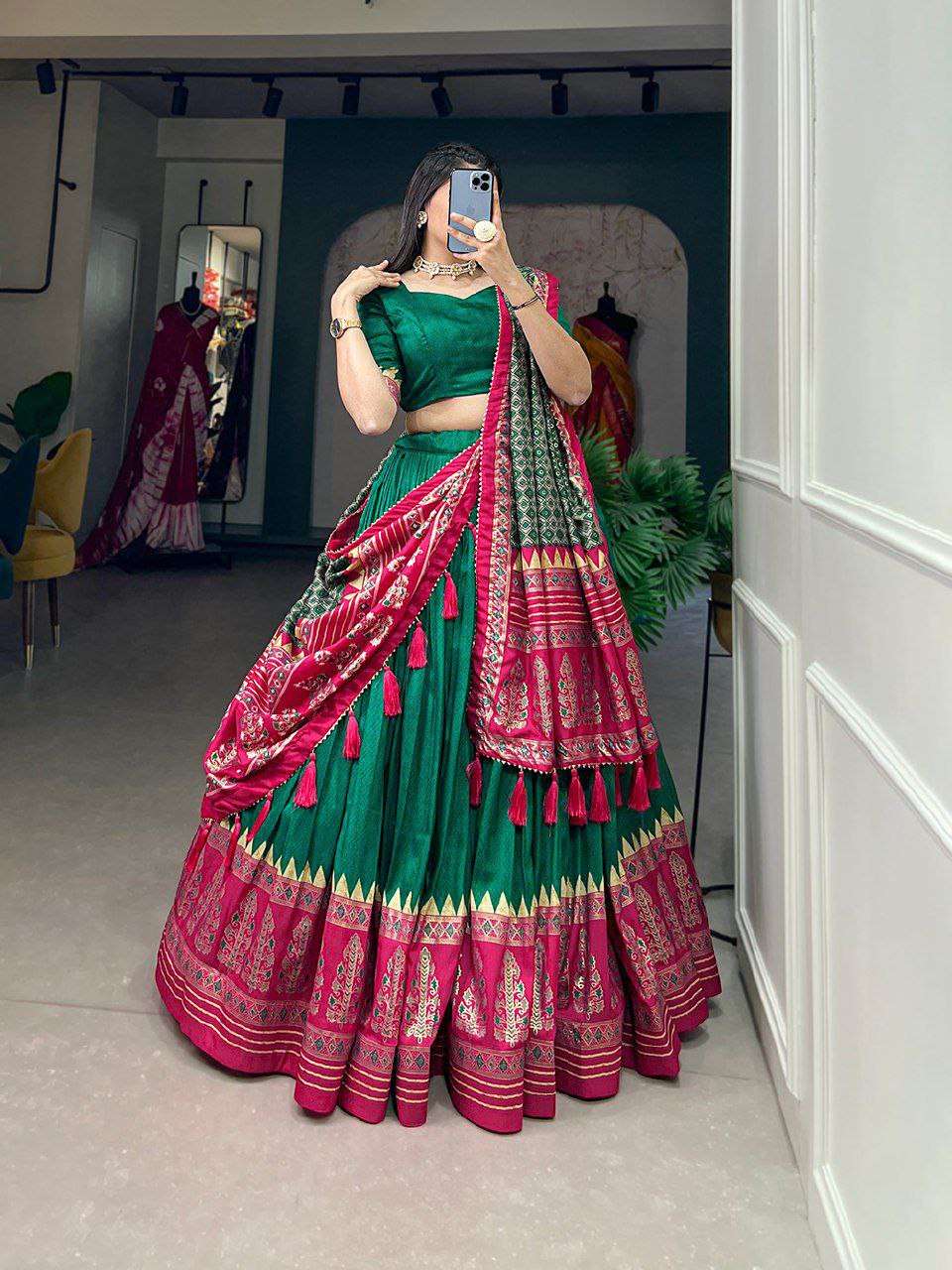 Women's Stitched Ethnic Lehenga Choli with Zari Border and Contrast Dupatta - Green