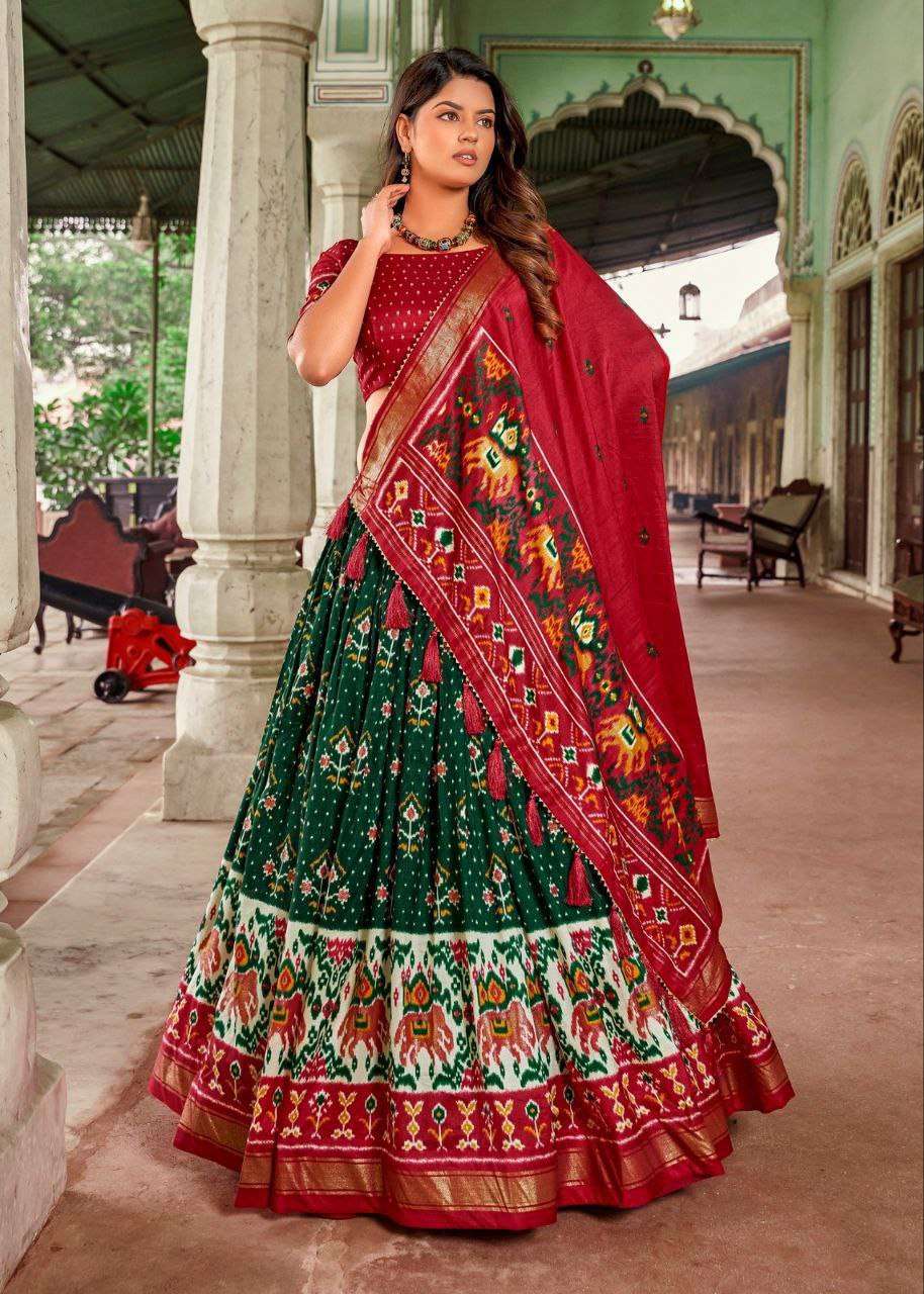 Women's Traditional Patola Print Tussar Silk Lehenga Choli with Festive Dupatta - Red