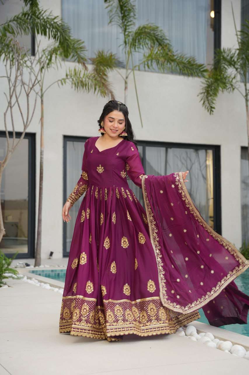 Womenâs Ethnic Anarkali Style Floor-Length Gown in Magenta with Golden Zari Embroidery â Festive & Wedding Wear - Wine Purple, XXL (44)