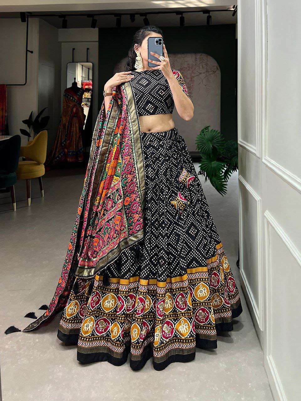 Women's Patola Print Lehenga Choli with Dupatta ? Traditional Gujarati Style Festive Wear - Black