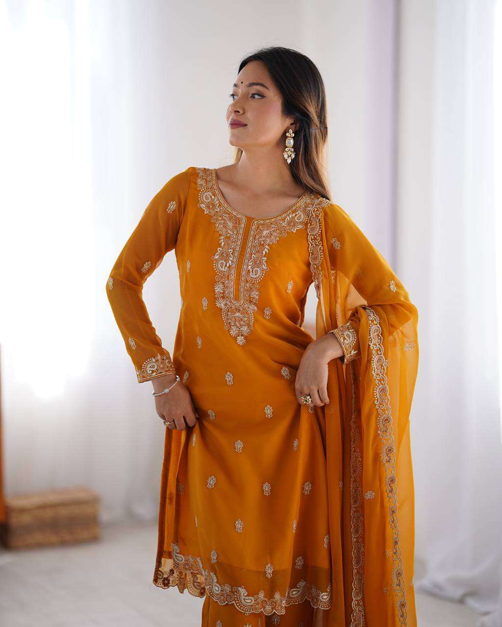 Women's Georgette Embroidery Straight Kurti with Pant And Dupatta Set - Yellow, XXL
