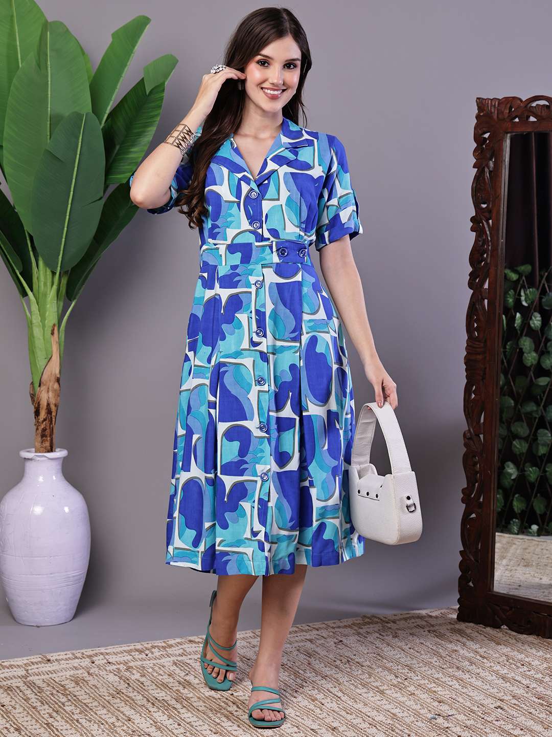 Women's Blue Abstract Print Cotton Shirt Dress - XXL