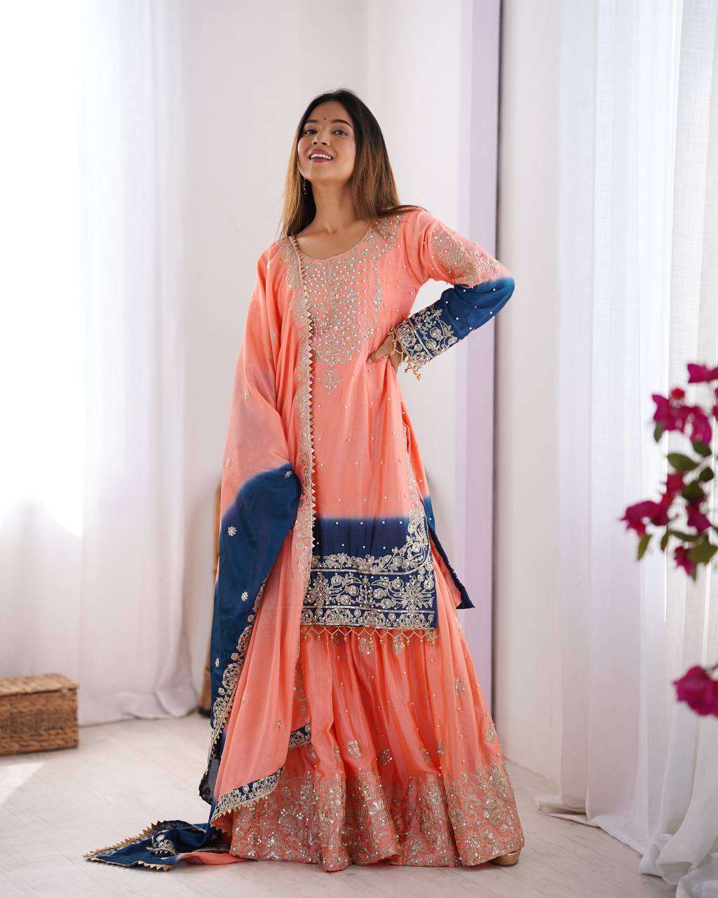 Women's Chinon Silk Sequence With Rivet Moti Work Straight Kurta With Sharara and Dupatta Set - Peach, XL