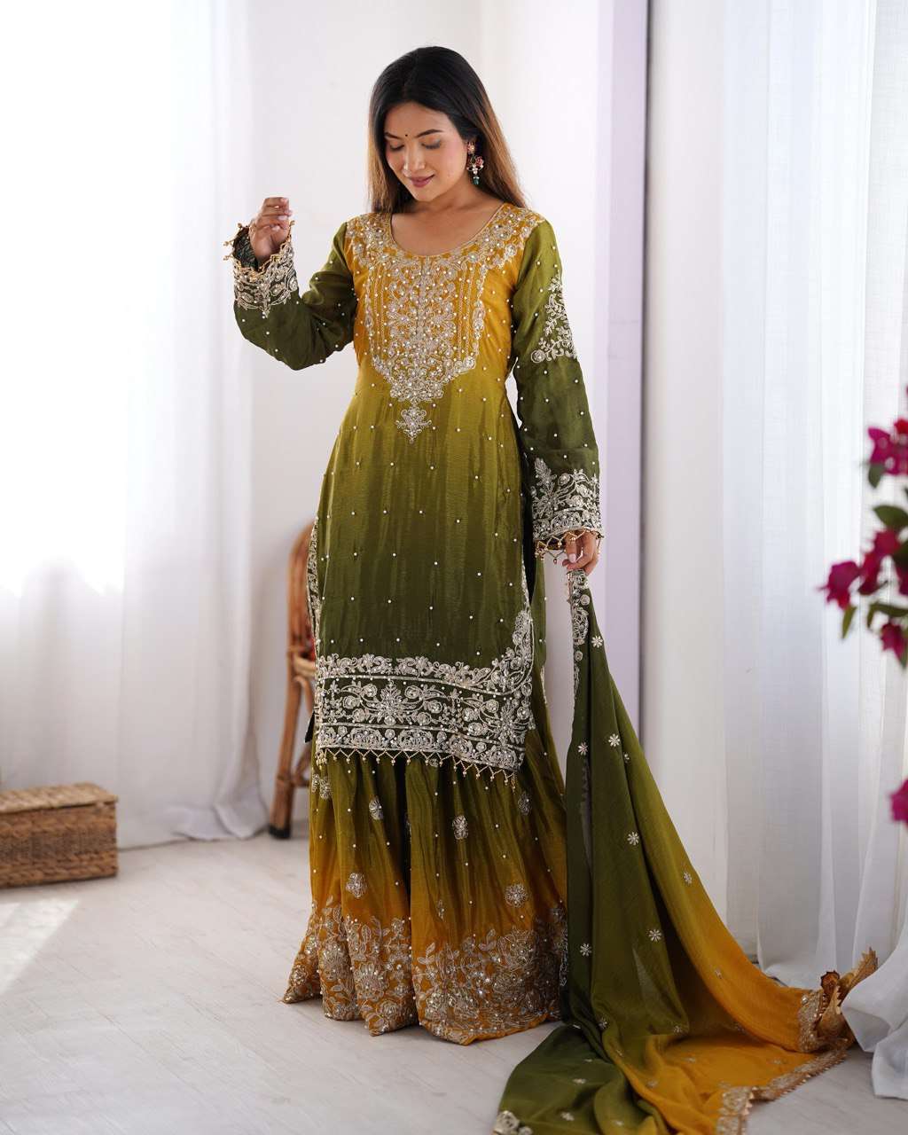 Women's Chinon Silk Sequence With Rivet Moti Work Straight Kurta With Sharara and Dupatta Set - Lamon Green, XXL