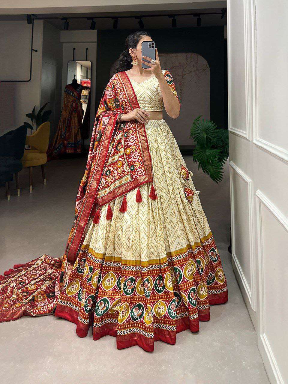 Women's Patola Print Lehenga Choli with Dupatta ? Traditional Gujarati Style Festive Wear - Cream