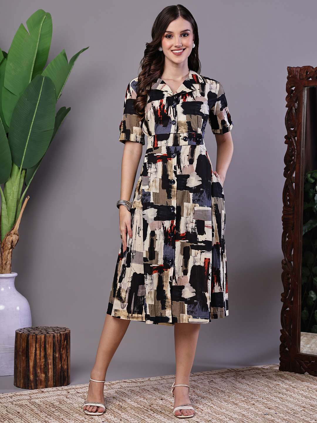 Women's Beige & Black Abstract Print Cotton Shirt Dress Midi Dresses - L