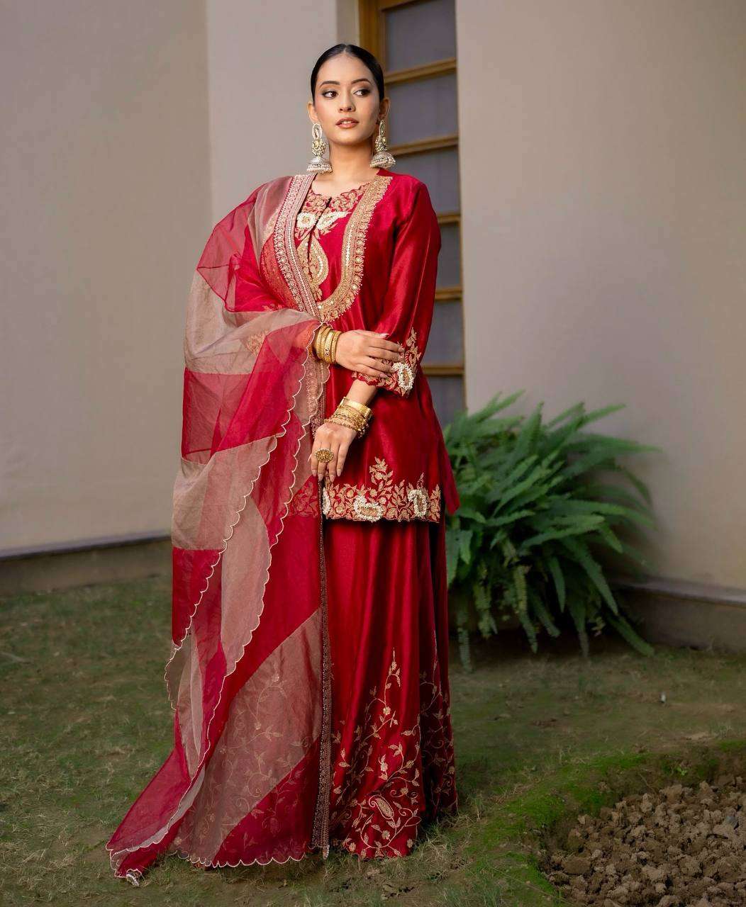 Women's Chinon Silk Sequence Embroidery Work Straight Kurti With Sharara Suit and Dupatta Set - Red, M