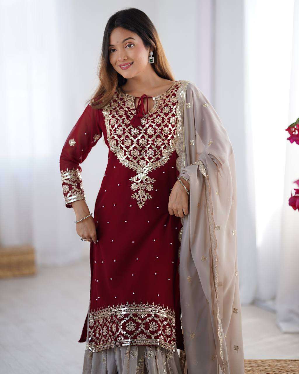 Women's Faux Georgette Sequins Embroidered Straight Kurta With Sharara Suit and Dupatta Set - Maroon, XL