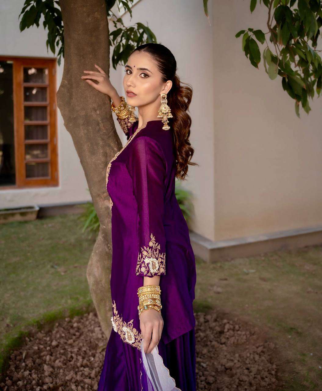 Women's Chinon Silk Sequence Embroidery Work Straight Kurti With Sharara Suit and Dupatta Set - Wine, L