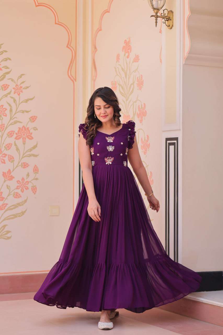 Women's Elegant Plum Purple Georgette Anarkali Gown with Butterfly Applique & Ruffle Sleeves â Festive & Special Occasion Wear - Purple, L (40)