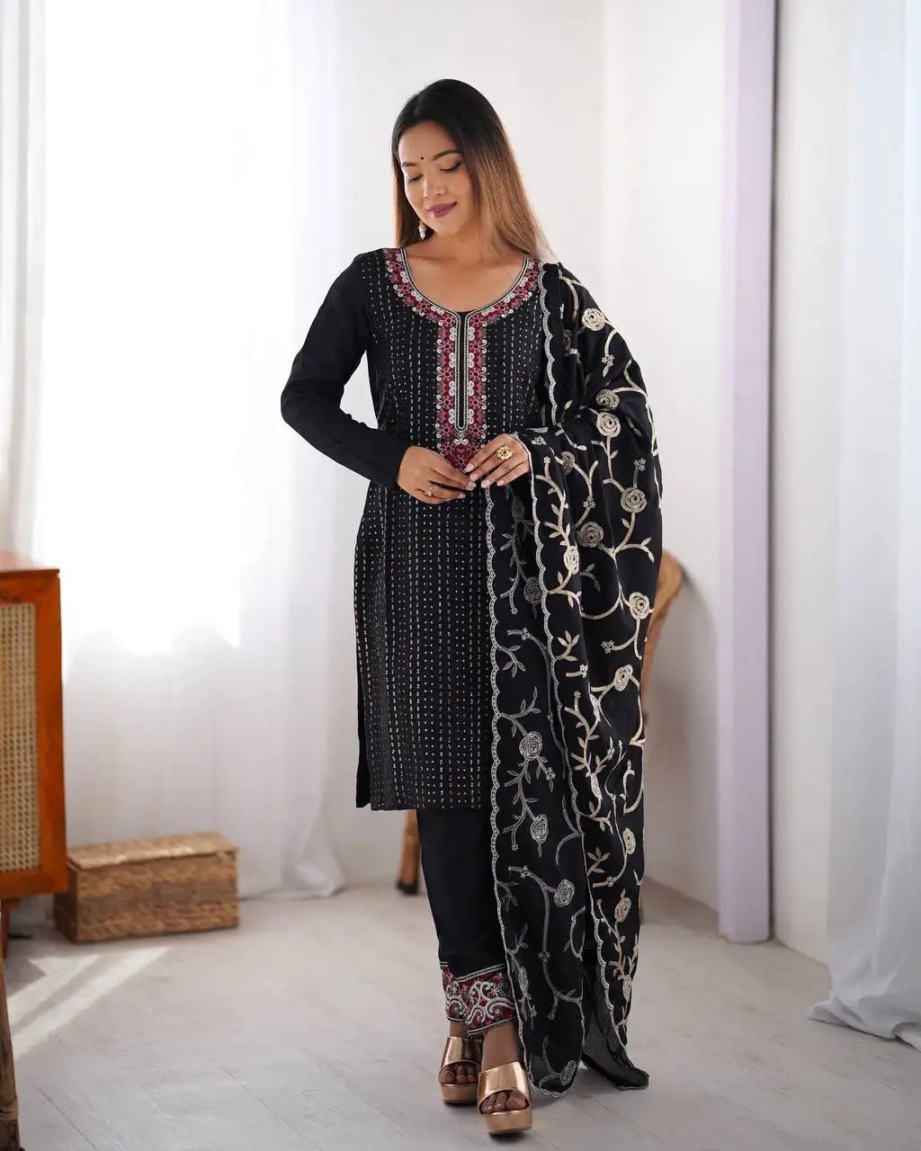 Women's Chinon Silk Sequence And Thread Work Straight Kurti With Pant and Dupatta Set - Black, L