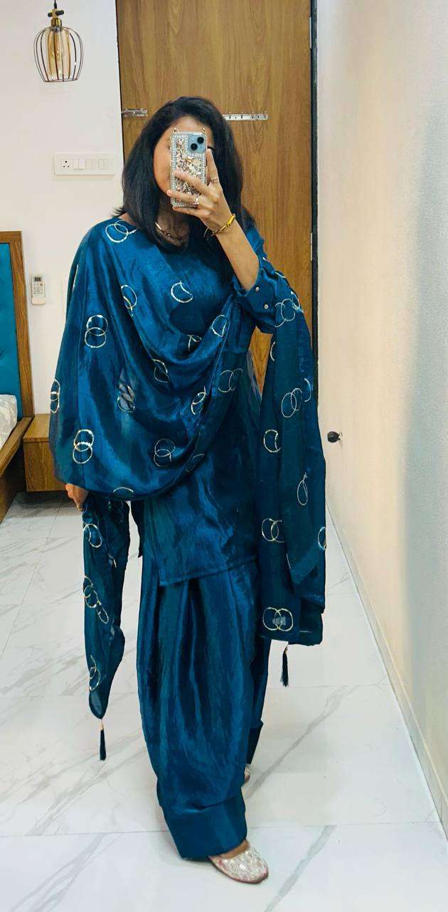 Women's Fendi Silk Solid Muslim Straight Kurti With Pant and Dupatta set - Blue, XXL
