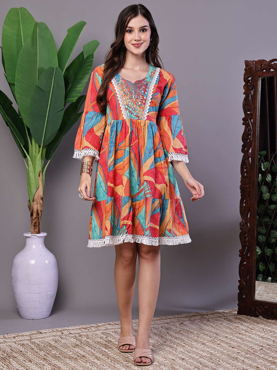 Wome's Vibrant Print Cotton Tunic Dress with Crochet Lace & Three-Quarter Sleeves Midi Dresses - L