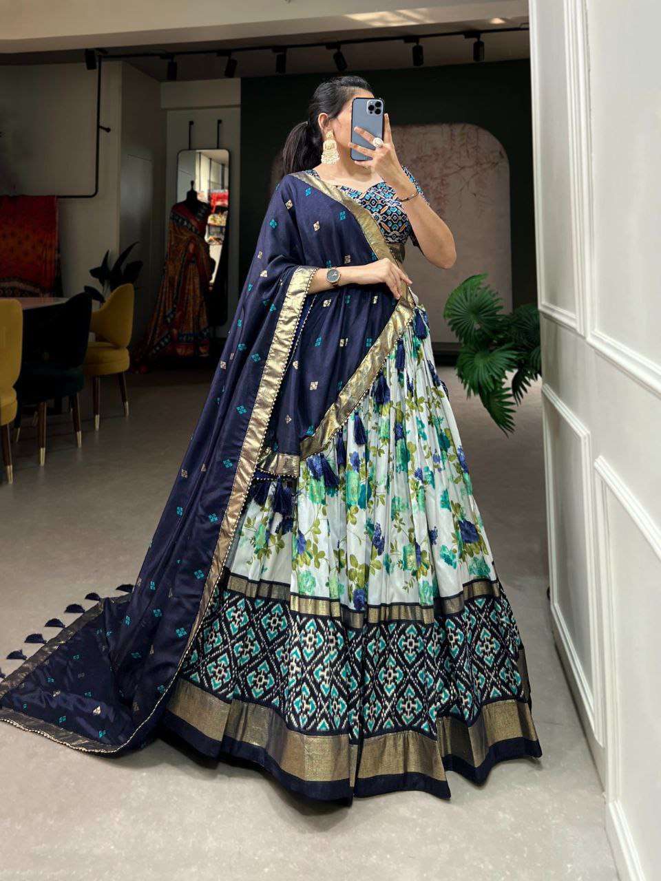 Women's Luxurious Tussar Silk Lehenga Choli with Intricate Prints & Can-Can Flair - Blue