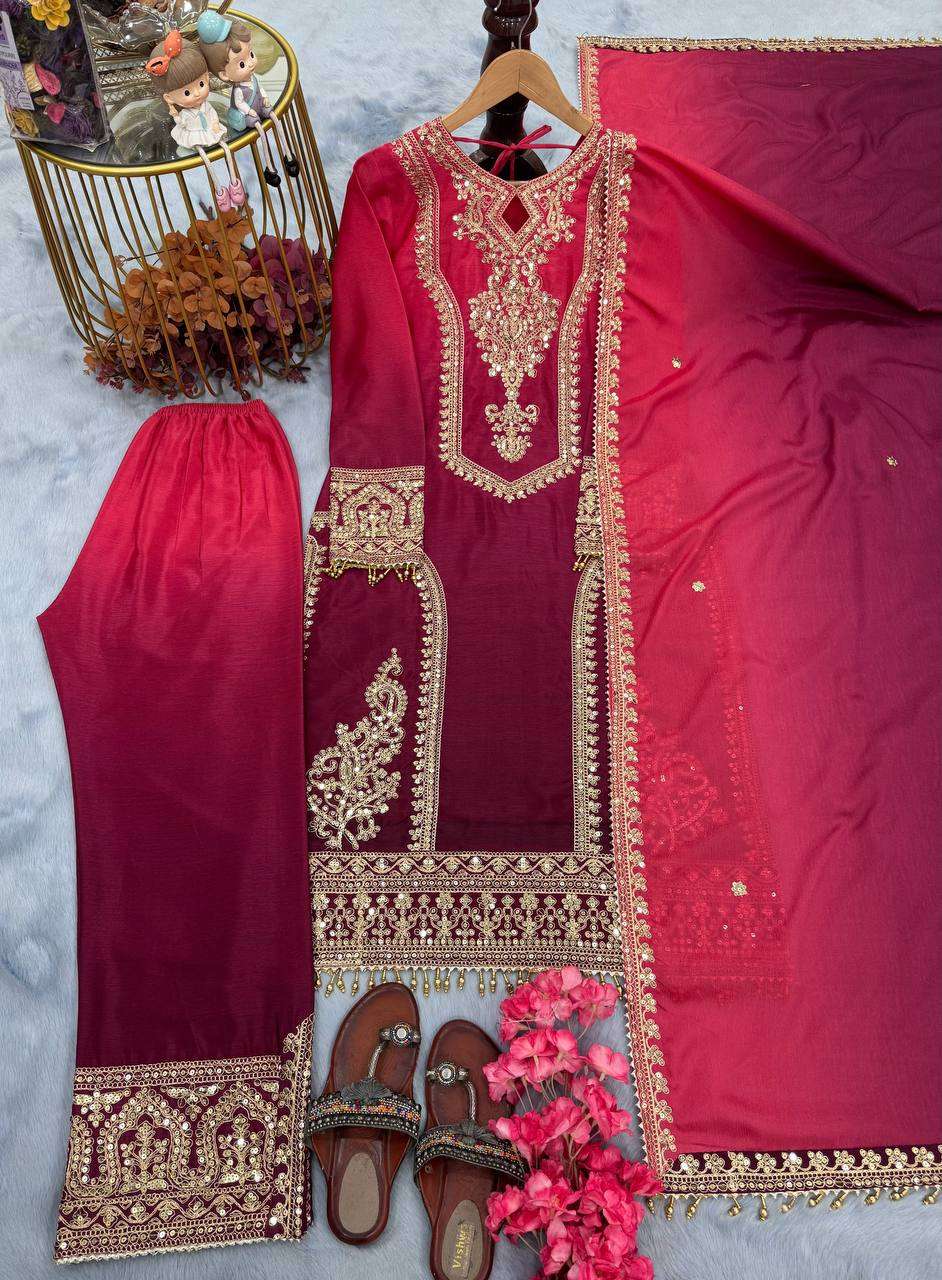 Women's Chinon Silk Embroidery Straight Pakistani Salwar Suit and Dupatta - Pink, XXL