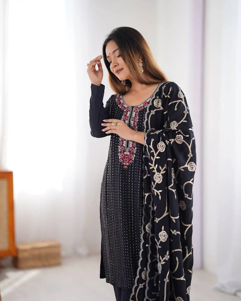 Women's Chinon Silk Sequence And Thread Work Straight Kurti With Pant and Dupatta Set - Black, XXL