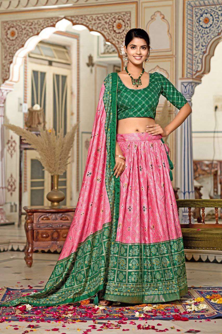 Women's Tussar Silk Patola Print Lehenga Choli Dupatta Set - Pink