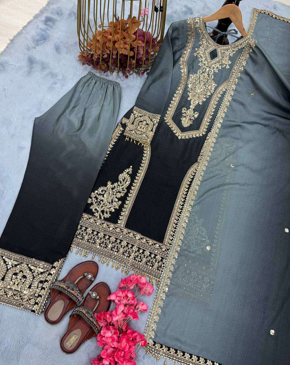 Women's Chinon Silk Embroidery Straight Pakistani Salwar Suit and Dupatta - Black, M