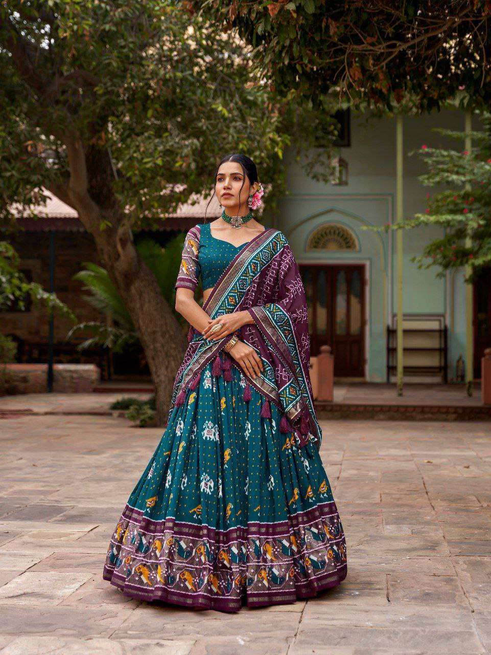 Women's Traditional Printed Lehenga Choli Set with Bandhani Dupatta ? Festive & Navratri Wear - Teal Blue