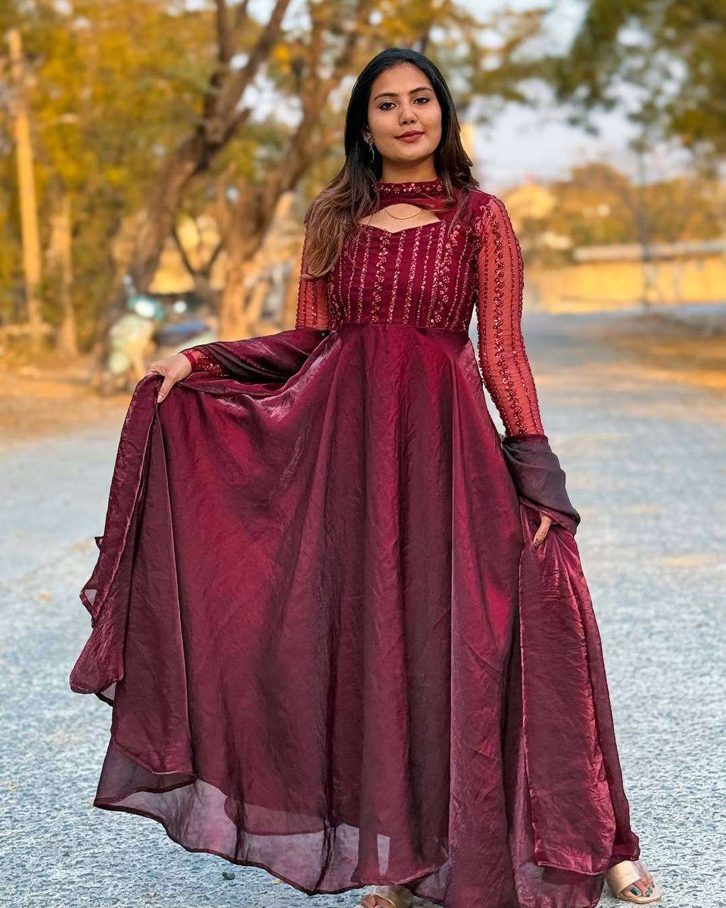 Women's Silk Heavy Embroidery Sequence Work Long Anarkali Kurti With Pant and Dupatta Set - Maroon, M