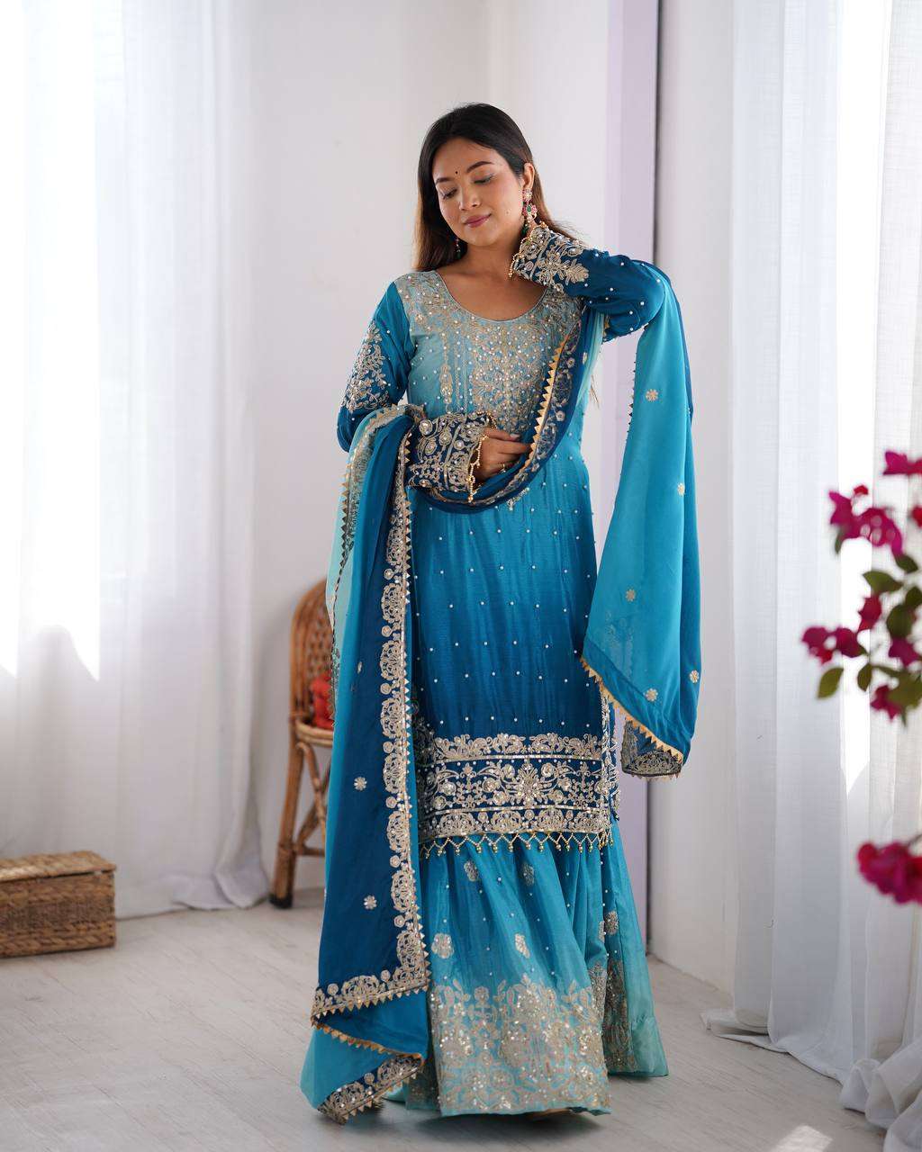 Women's Chinon Silk Sequence With Rivet Moti Work Straight Kurta With Sharara and Dupatta Set - Aqua Blue, M