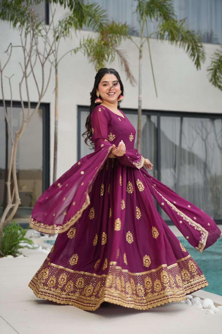 Womenâs Ethnic Anarkali Style Floor-Length Gown in Magenta with Golden Zari Embroidery â Festive & Wedding Wear - Wine Purple, M (38)