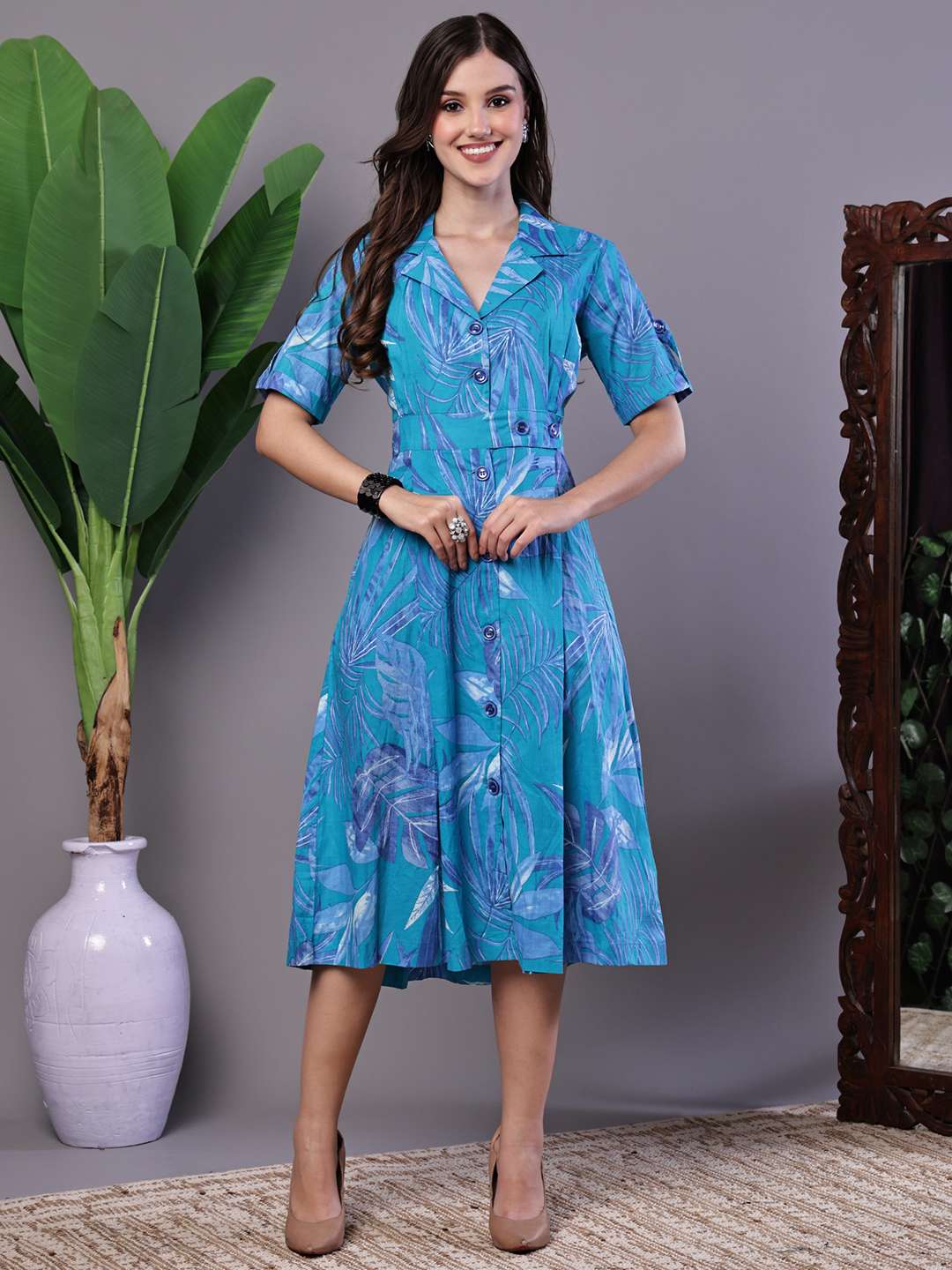 Women's Blue Floral Cotton Pleated Midi Dress with Collar - L