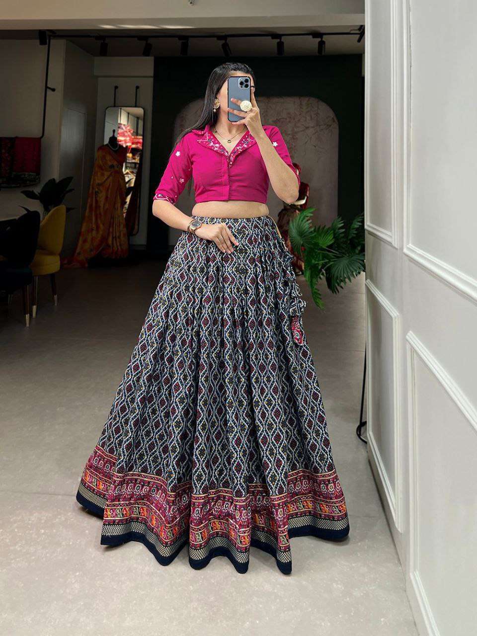 Women's Printed Ethnic Lehenga Choli Set with Embroidered Blouse ? Stylish Festive Wear - Navy Blue
