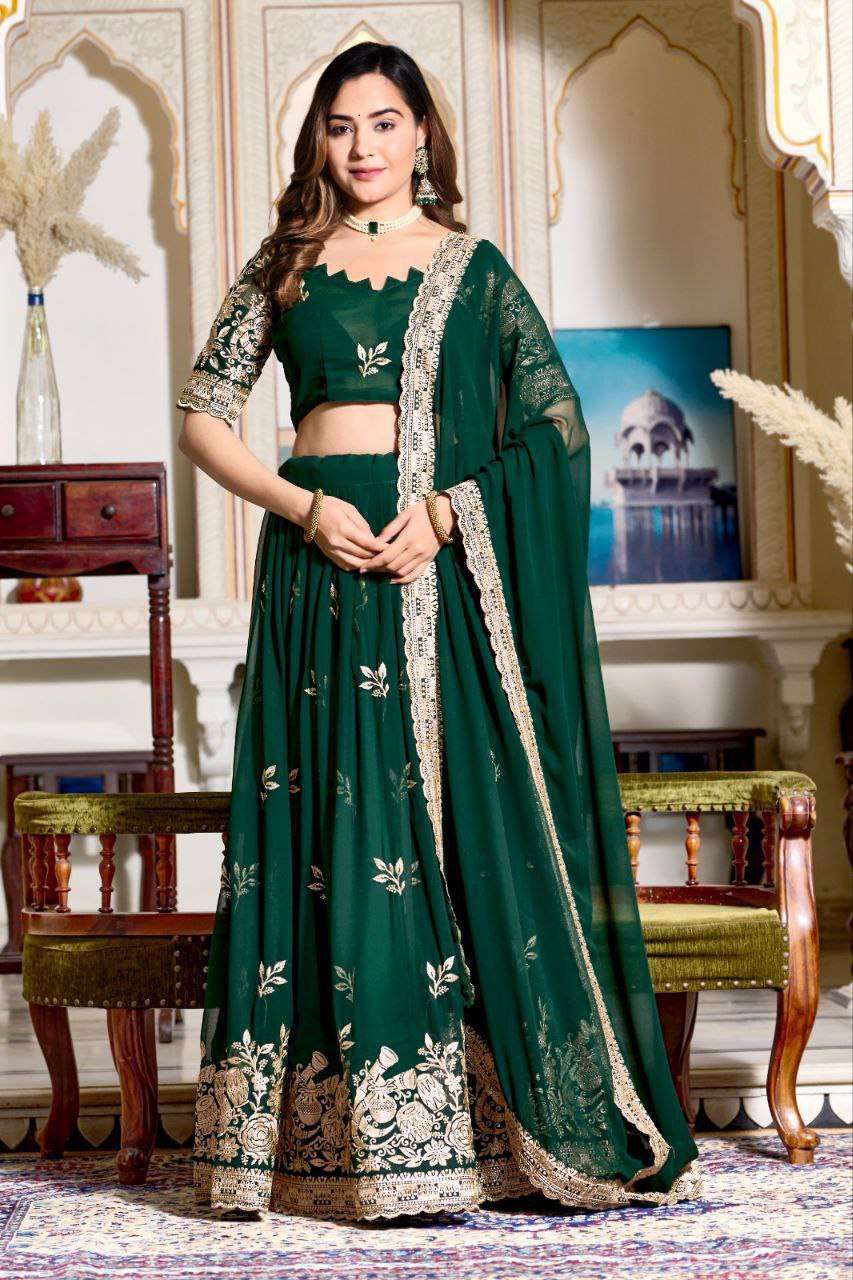 Women's Embroidered Lehenga Choli with Net Dupatta ? Festive & Wedding Wear Set - Green