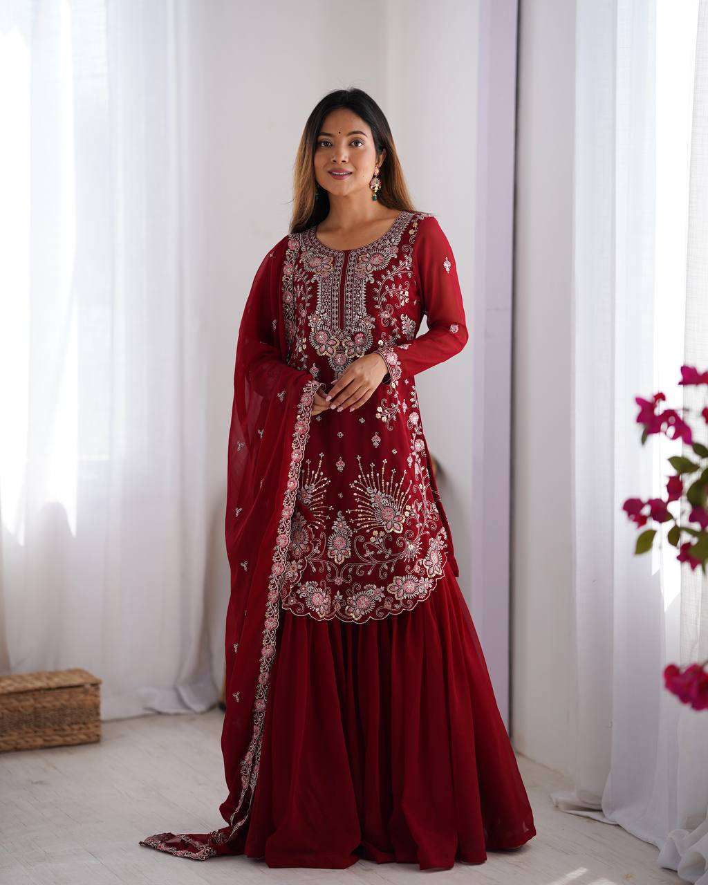 Women's Faux Georgette Sequins & Thread Work Straight Kurta With Sharara Suit and Dupatta Set - Red, XL