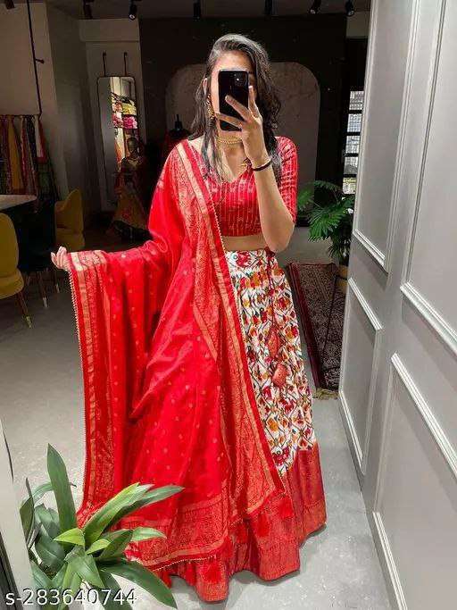 Women's Tussar Silk Patola Print Lehenga Choli Dupatta Set - Red