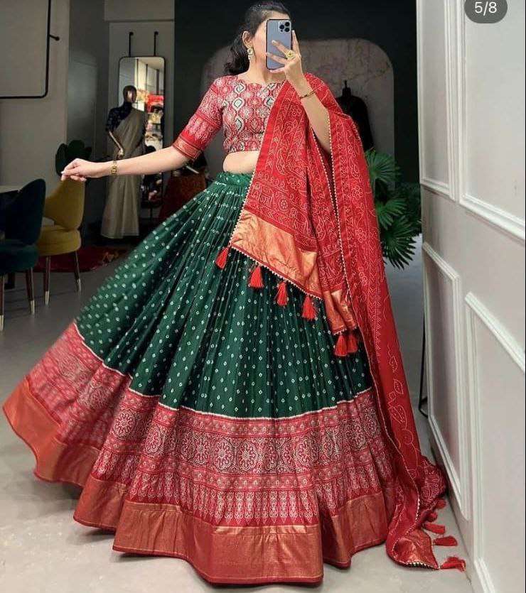 Women's Traditional Bandhani Ghagra Choli with Dupatta ? Navratri & Festive Wear - Green