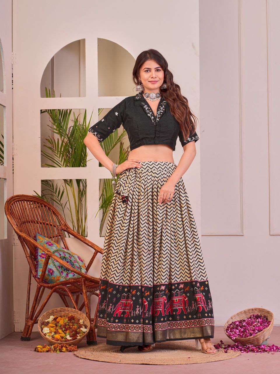 Women's Tussar Silk Patola Print Lehenga Choli Set with Foil Work - Black