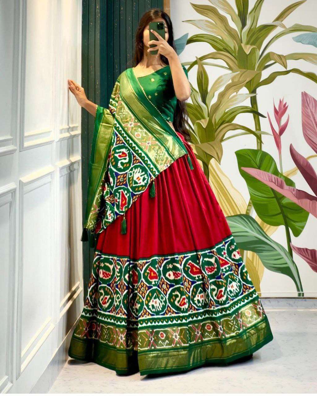 Women's Stitched Tussar Silk Patola Print Lehenga Choli Dupatta Set - Red
