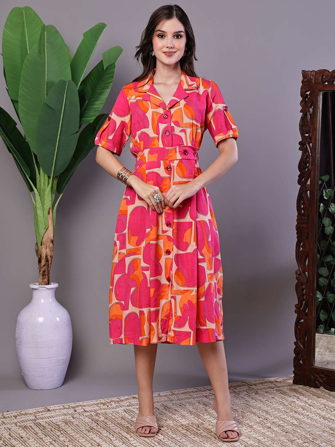Women's Pink & Orange Abstract Print Cotton Shirt Dress - L