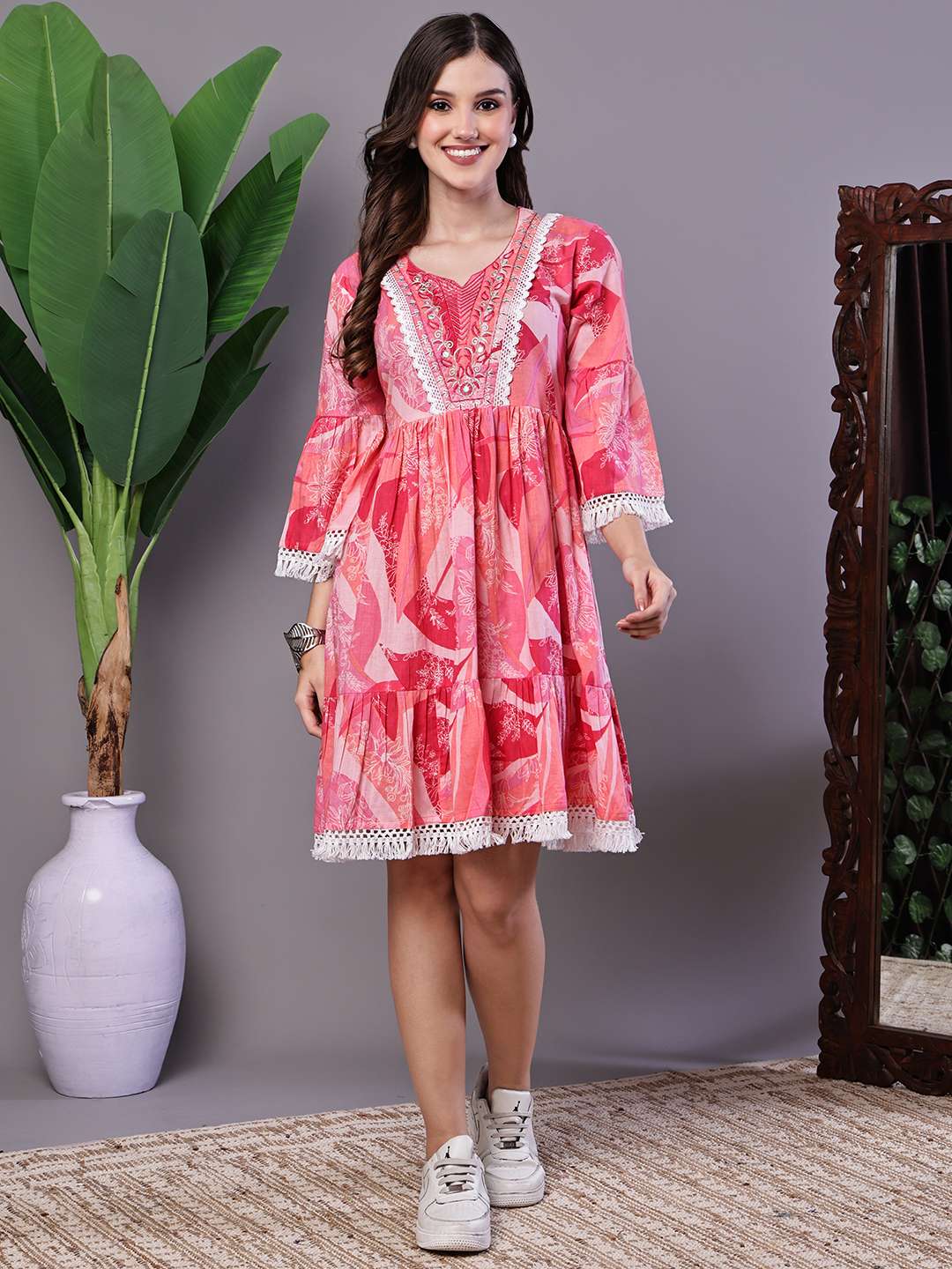 Wome's Pink Floral Printed Cotton A-Line Dress with Embroidered Yoke Midi Dresses - XXL